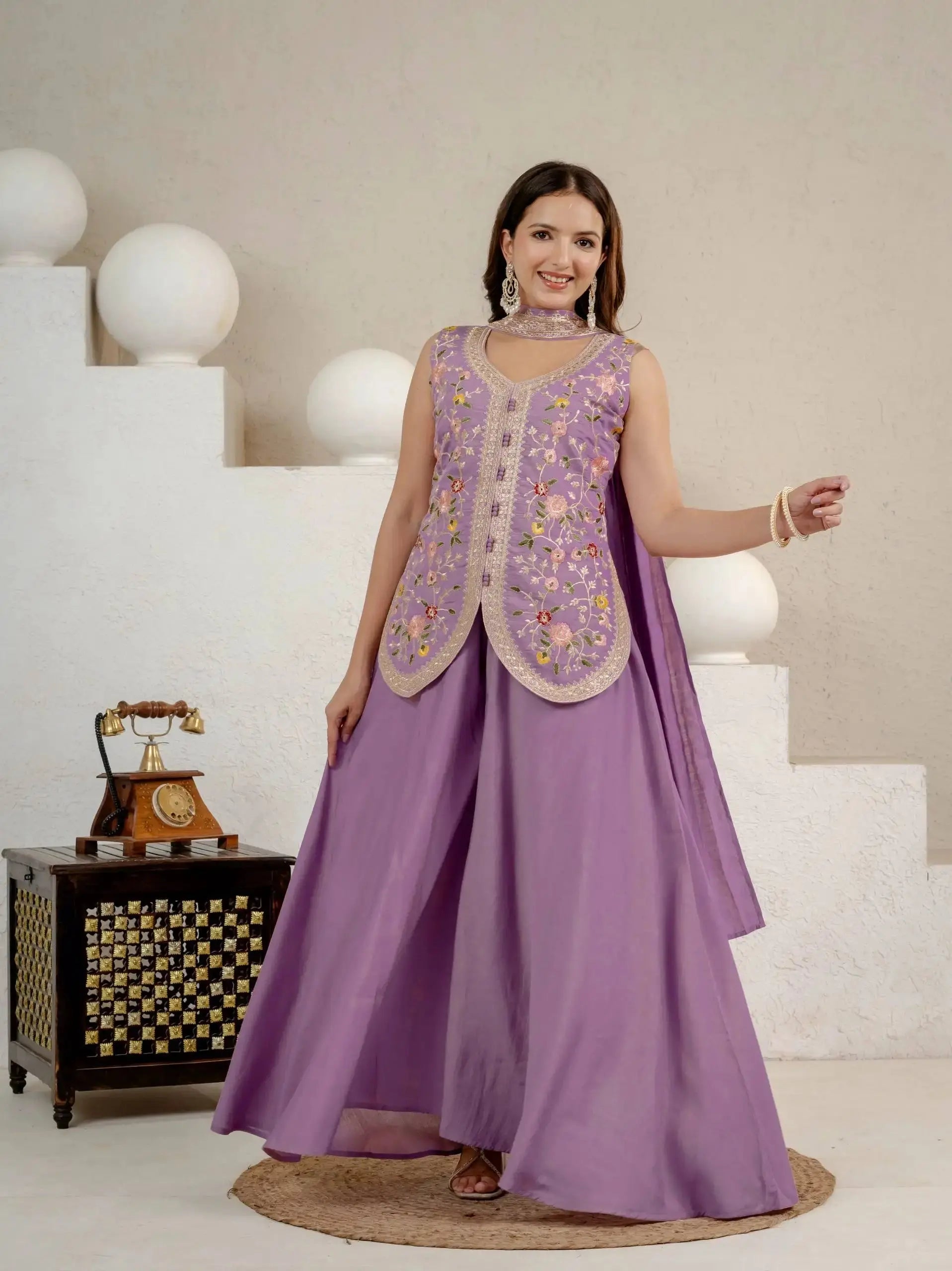Lavender Roman Silk Suit Set – Front View with Dupatta