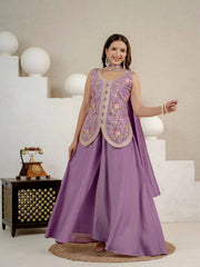 Lavender Roman Silk Suit Set – Front View with Dupatta