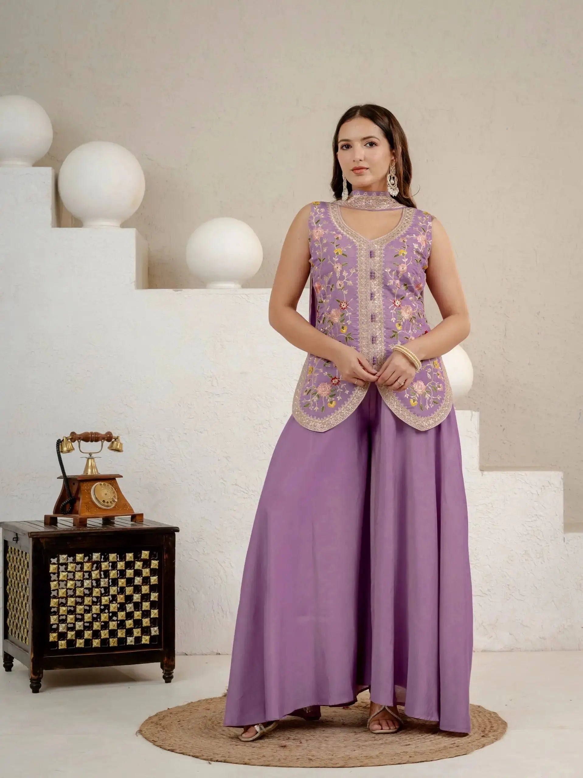 Lavender Sequins Embroidered Koti Suit – Full Length Standing View