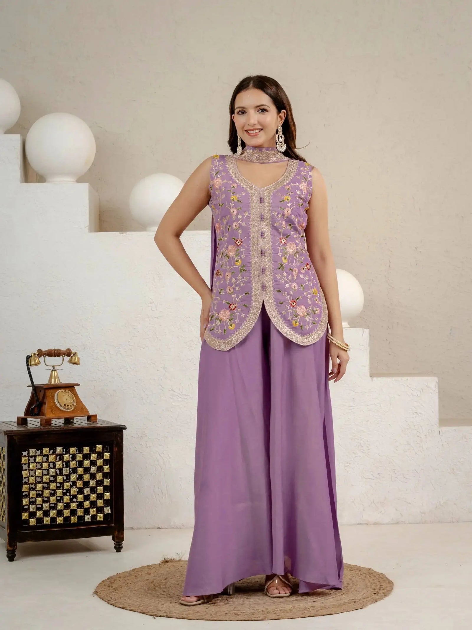 Lavender Sequins Embroidered Suit in Roman Silk Blend – Front Model View