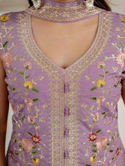 V-Neck with Zari Choker Band Close Up on Lavender Sequins Embroidered Suit
