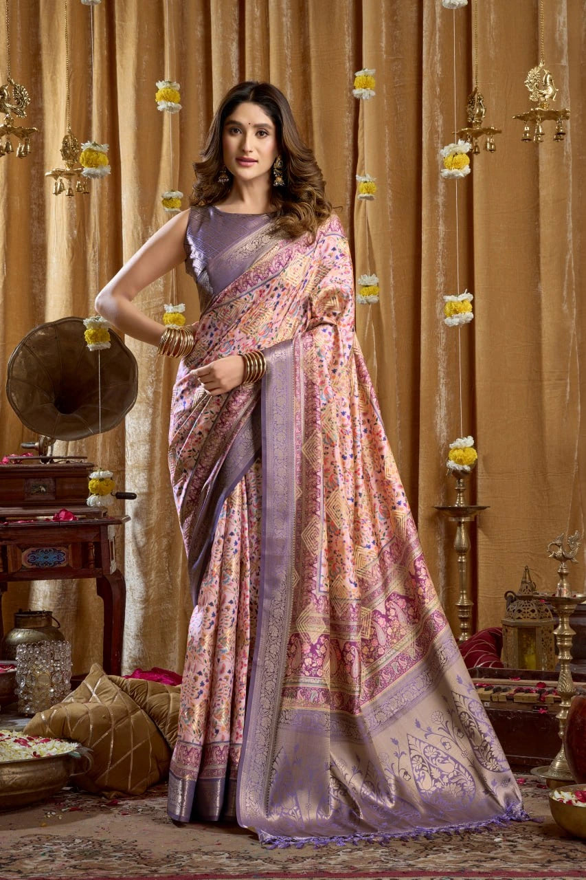 Woman in a traditional saree with a decorative background