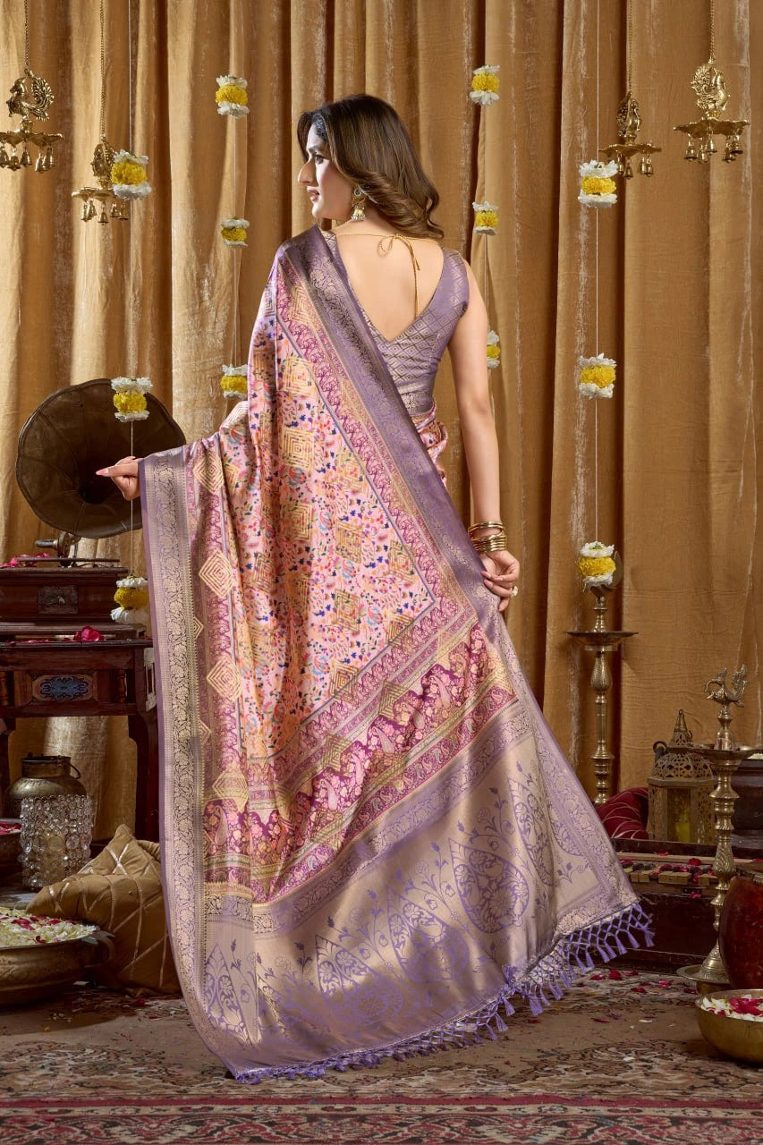 Woman in a traditional saree standing in a decorated room with ornate curtains and furniture.