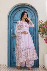 Stylish light purple floral Anarkali outfit with embroidered yoke and coordinated floral dupatta.