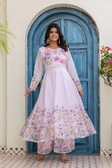 Graceful lavender floral print Anarkali suit featuring embroidered bodice and elegant full sleeve design.