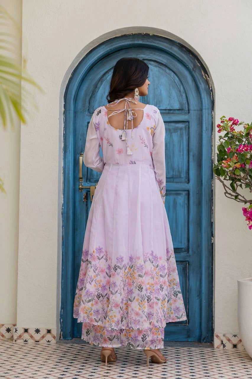 Beautiful lavender floral embroidered long Anarkali dress with matching palazzo and printed dupatta.