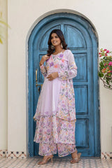 Premium pastel lavender Anarkali suit set with delicate floral embroidery and graceful full sleeves.