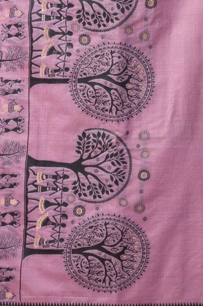 Purple fabric with black tree patterns and gold accents