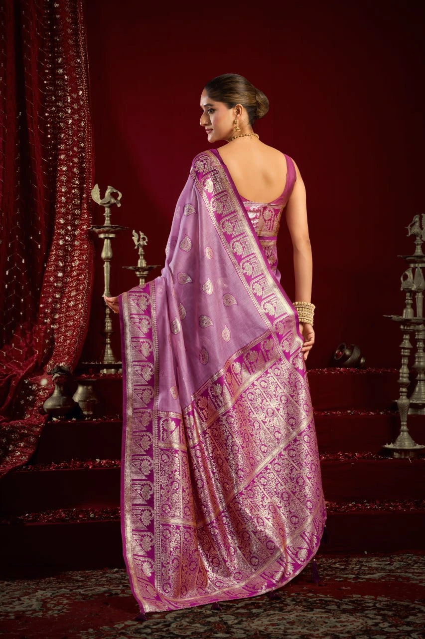 Woman in a purple saree with a red background