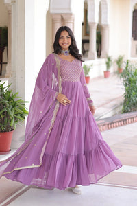 Lavender Pink Sequins & Zari Embroidered Work Vichitra Silk Gown
