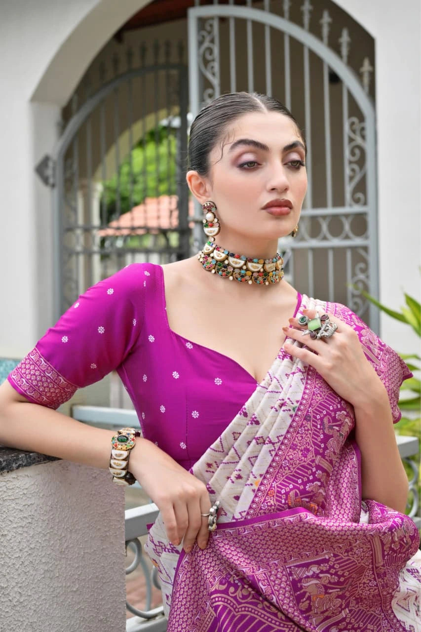 Luxurious lavender pink soft silk saree folded neatly, showcasing fine zari weaving details.
