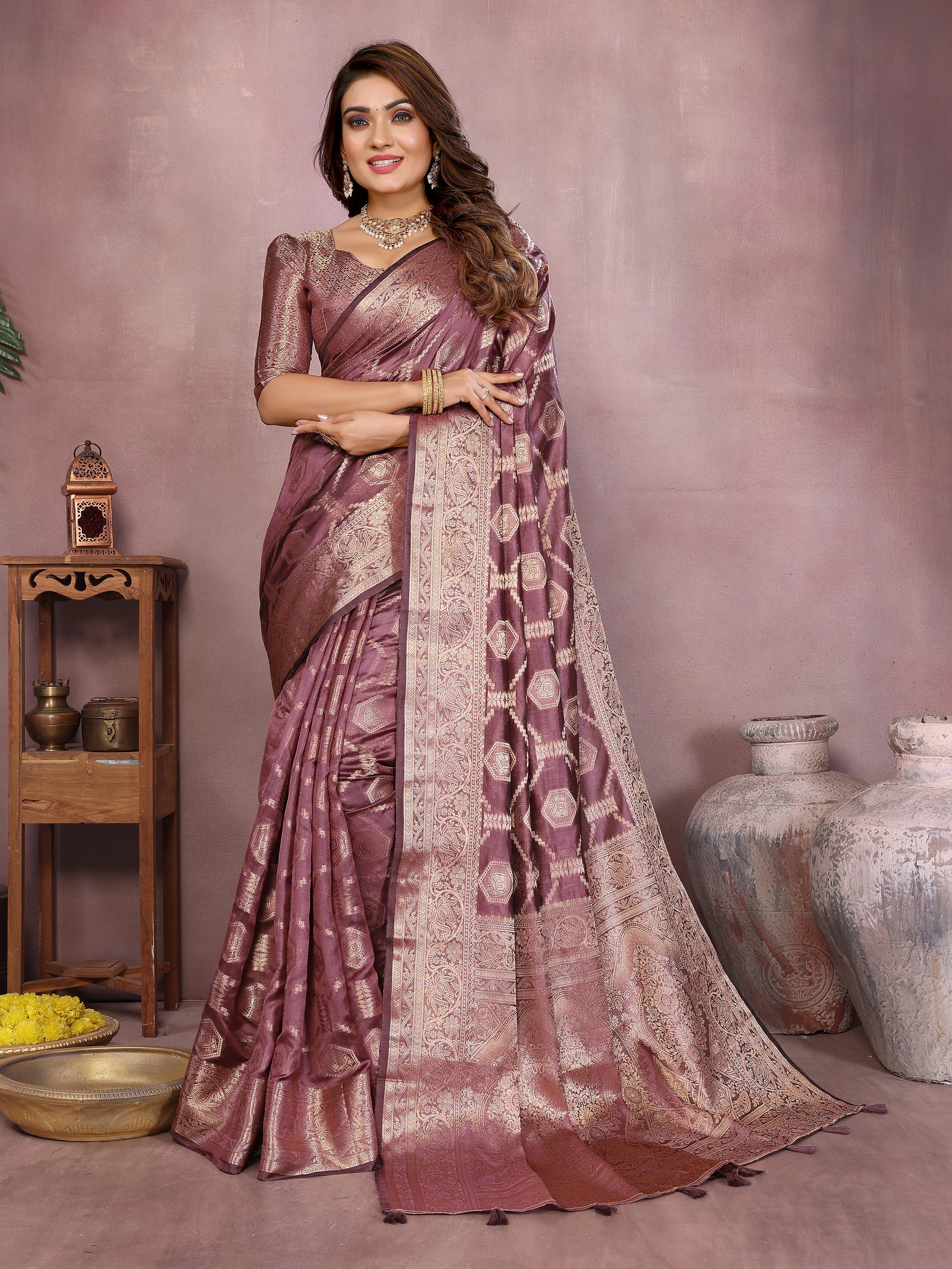 Woman wearing a traditional saree with a decorative pattern against a neutral background