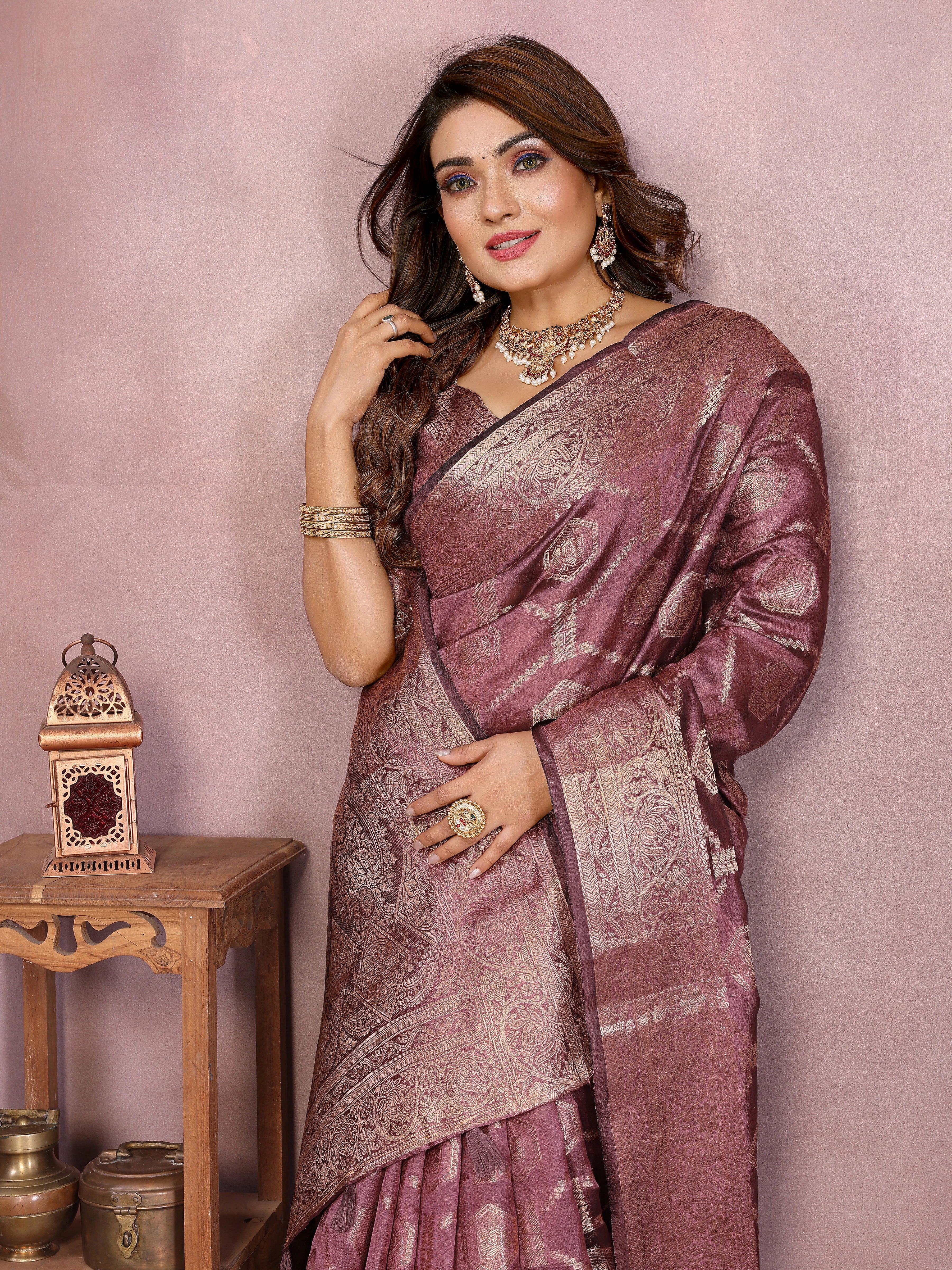 Woman in a traditional saree posing against a pink background