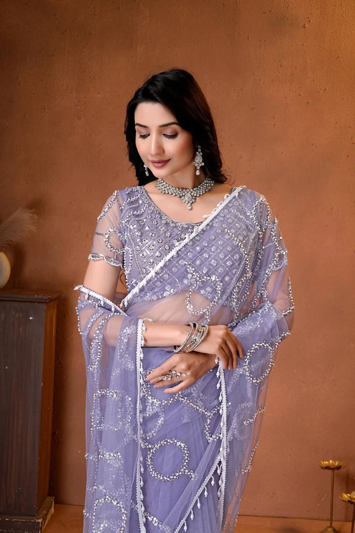 Beautiful Indian saree combining modern elegance, sparkling embroidery, and timeless ethnic fashion with premium finishing.