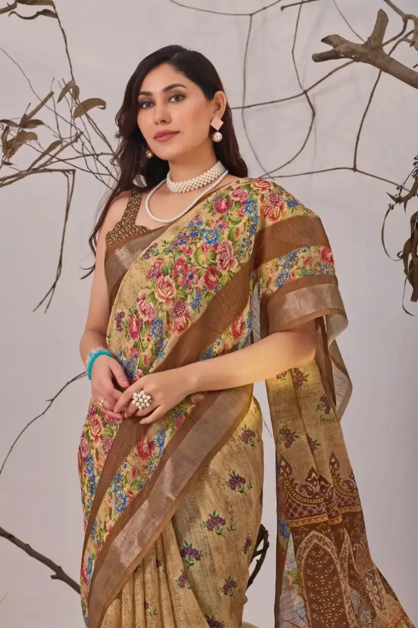 Light Brown Linen Cotton Saree – upper body close-up showing floral digital print