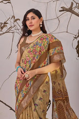 Light Brown Linen Cotton Saree – upper body close-up showing floral digital print