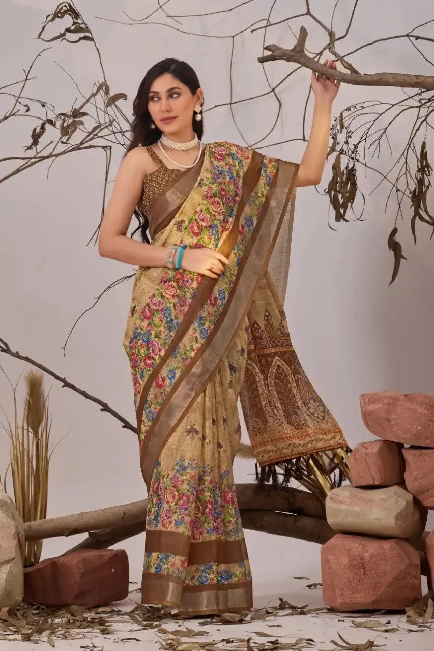 Light Brown Digital Print Saree – three-quarter view showing floral body and contrast border