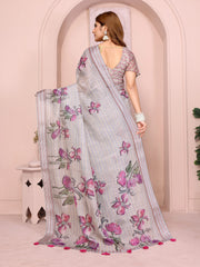 Light Gray Digital Floral Print Saree back view – watercolor iris and rose pallu spread with self border
