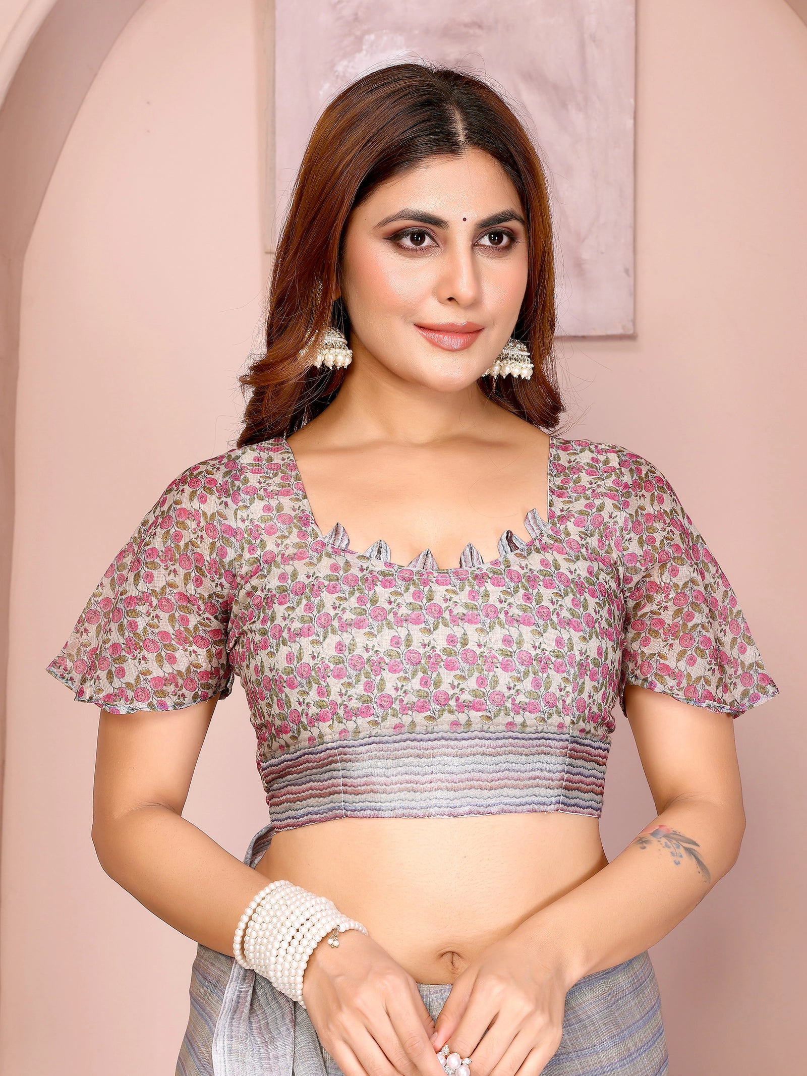 Light Gray Digital Floral Print Saree – pink floral print ruffle-sleeve running blouse piece with scallop neck