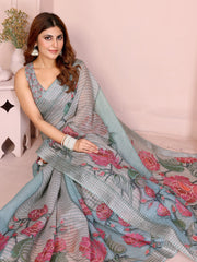 Light Gray Digital Floral Print Saree closeup – large layered pink and magenta rose bloom detail on linen cotton