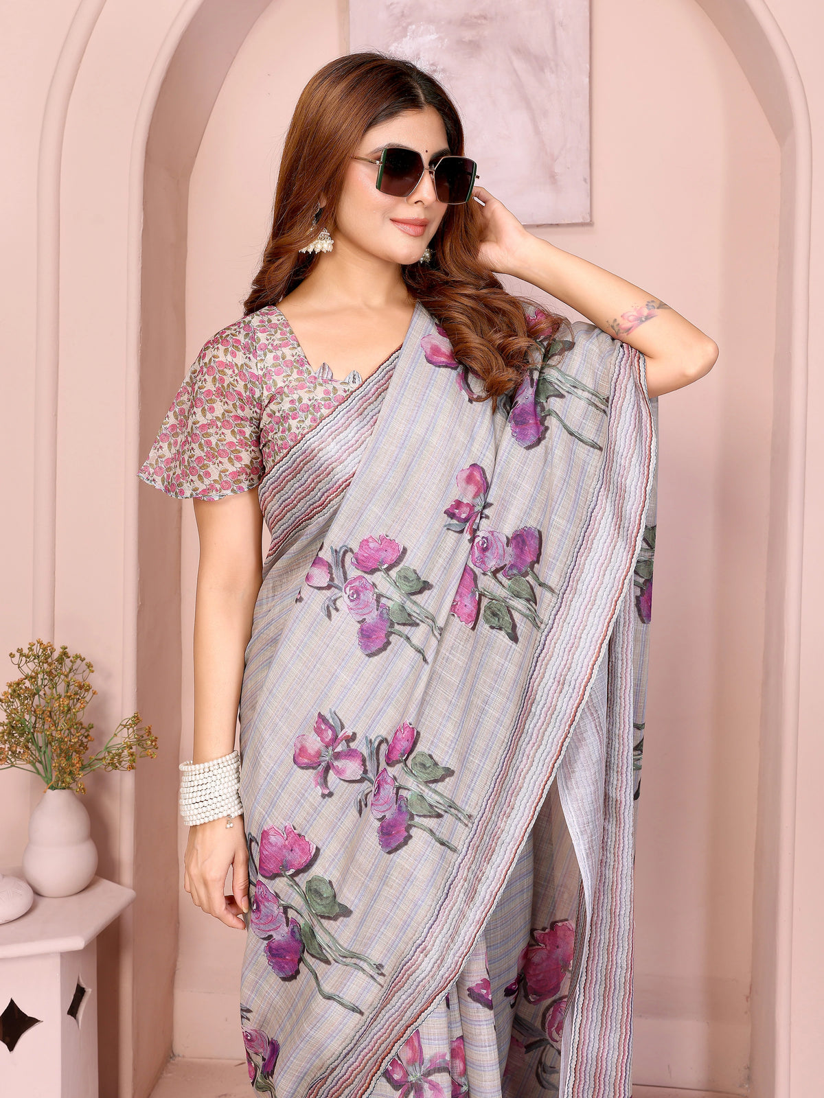 Light Gray Digital Floral Print Saree closeup – brush-stroke pink and violet iris floral detail on linen cotton