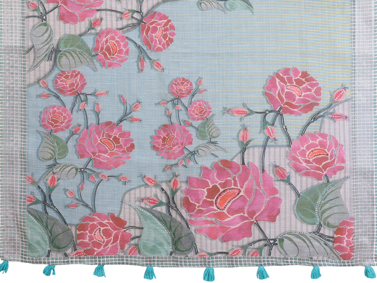 Light Gray Digital Floral Print Saree flat lay – full saree and blouse piece, pink rose print with teal tassels