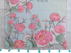 Light Gray Digital Floral Print Saree flat lay – full saree and blouse piece, pink rose print with teal tassels