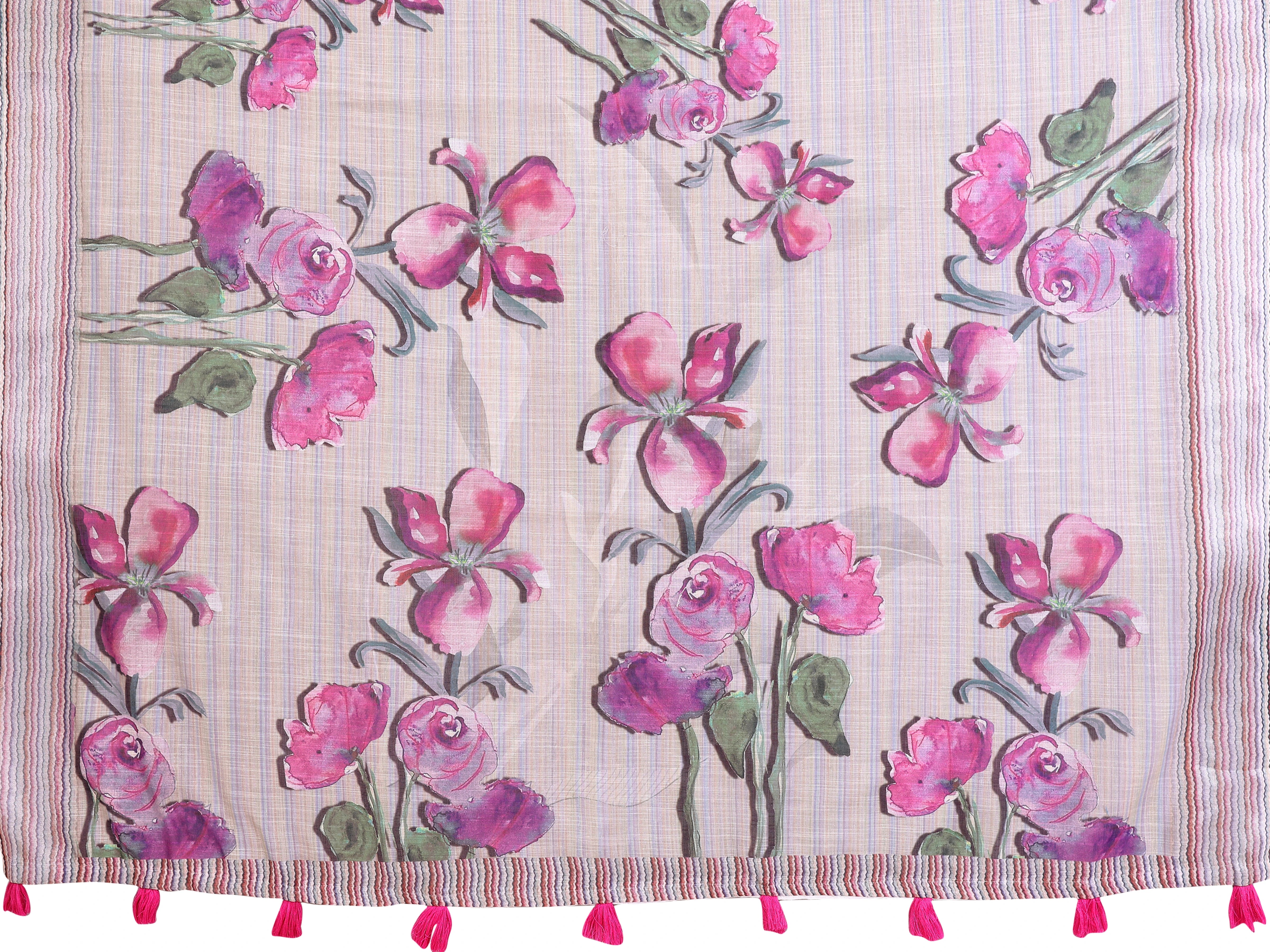 Light Gray Digital Floral Print Saree flat lay – full saree and blouse piece, watercolor iris print with pink tassels