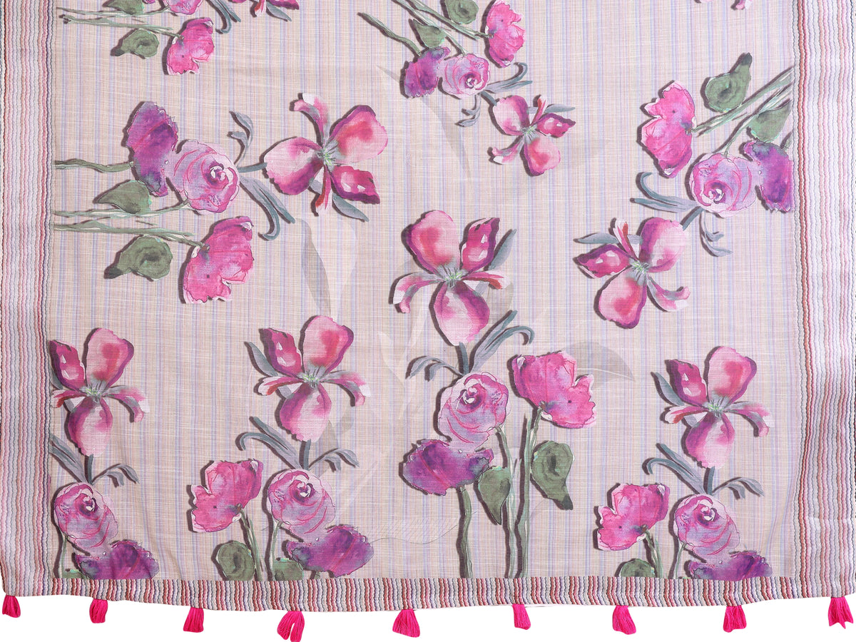 Light Gray Digital Floral Print Saree flat lay – full saree and blouse piece, watercolor iris print with pink tassels