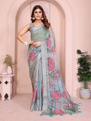 Light Gray Digital Floral Print Saree front view – linen cotton with large pink rose print and checkered self border