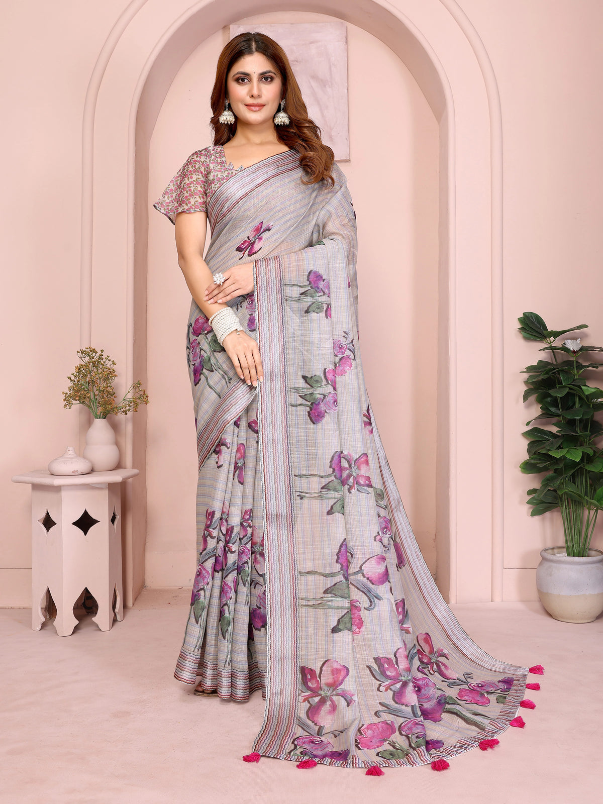 Light Gray Digital Floral Print Saree front view – linen cotton with watercolor iris and rose print, stripe self border