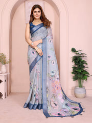 Light Gray Digital Floral Print Saree front view – linen cotton with watercolor poppy blooms and navy contrast border