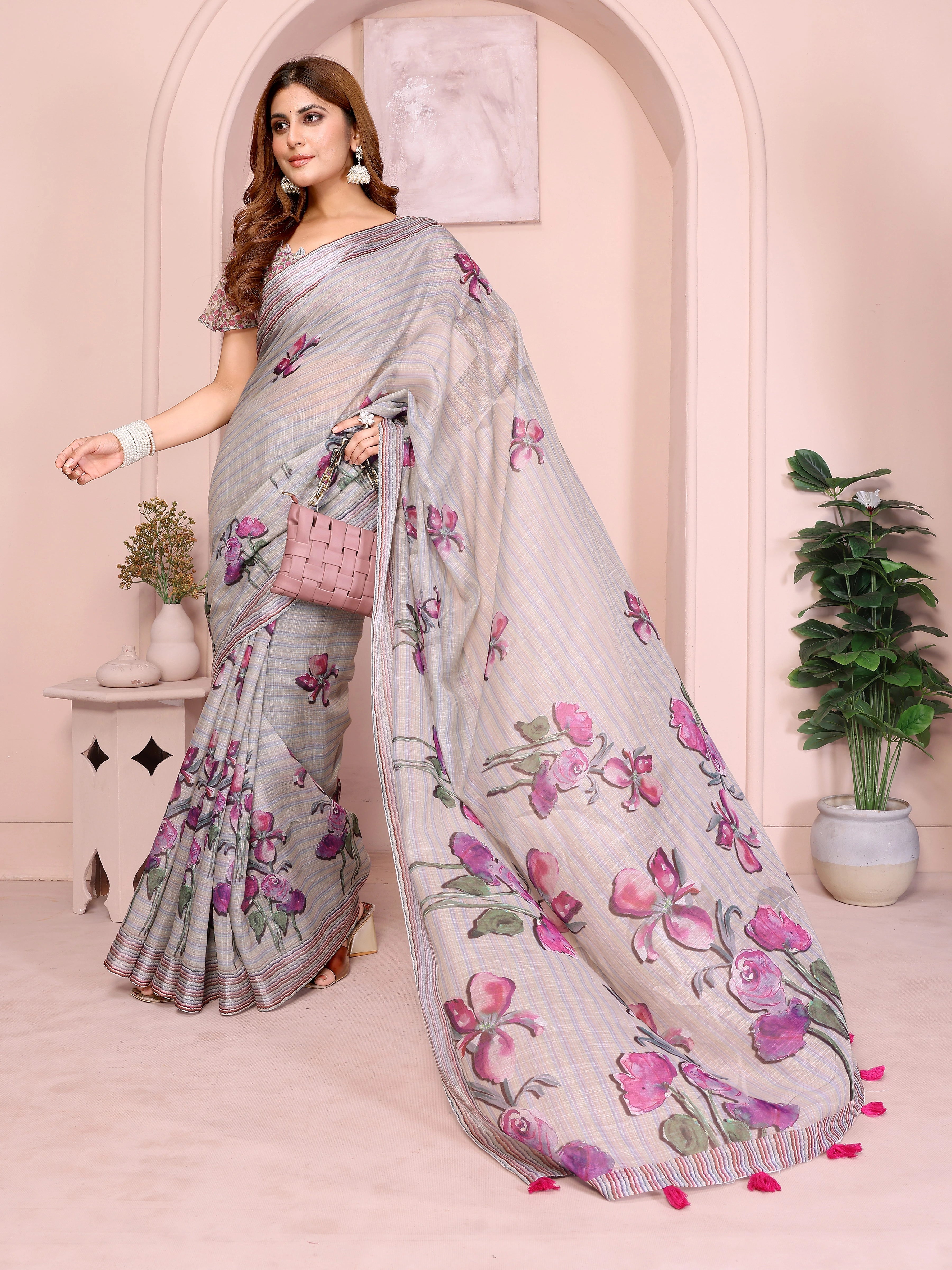Light Gray Digital Floral Print Saree on model – painterly pink and violet iris print on grey linen cotton with pink tassels