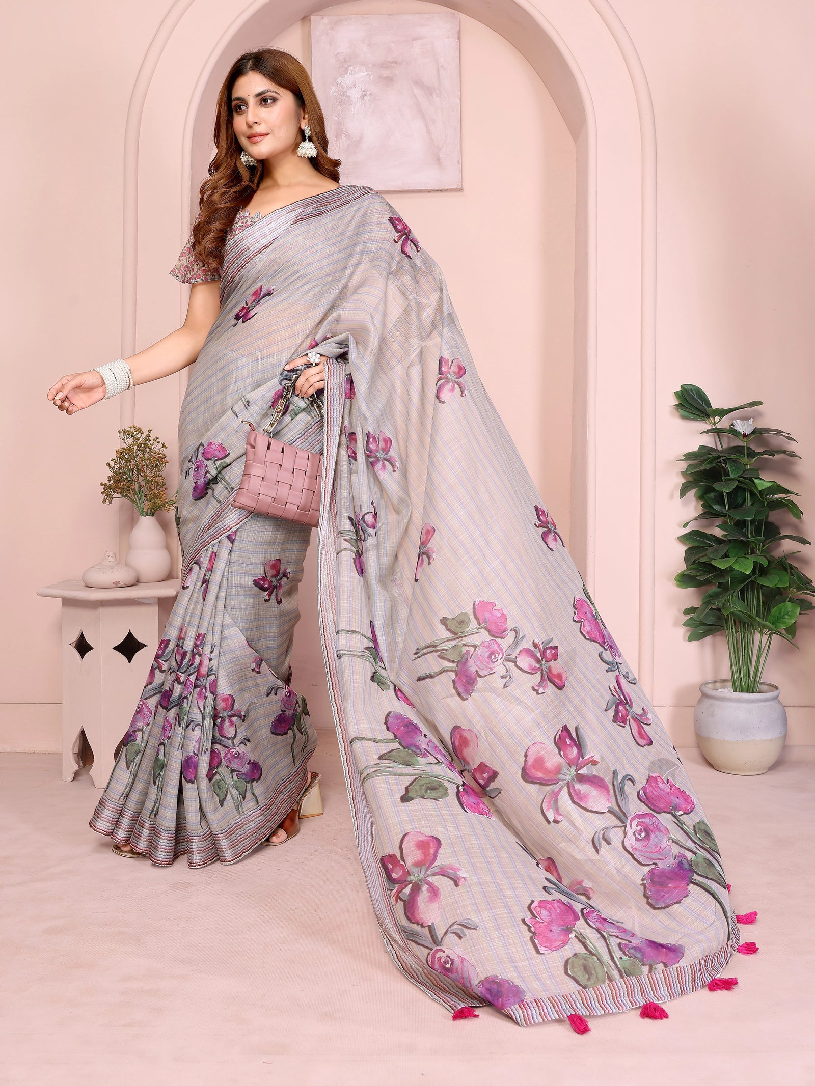 Light Gray Digital Floral Print Saree on model – painterly pink and violet iris print on grey linen cotton with pink tassels