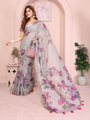 Light Gray Digital Floral Print Saree on model – painterly pink and violet iris print on grey linen cotton with pink tassels