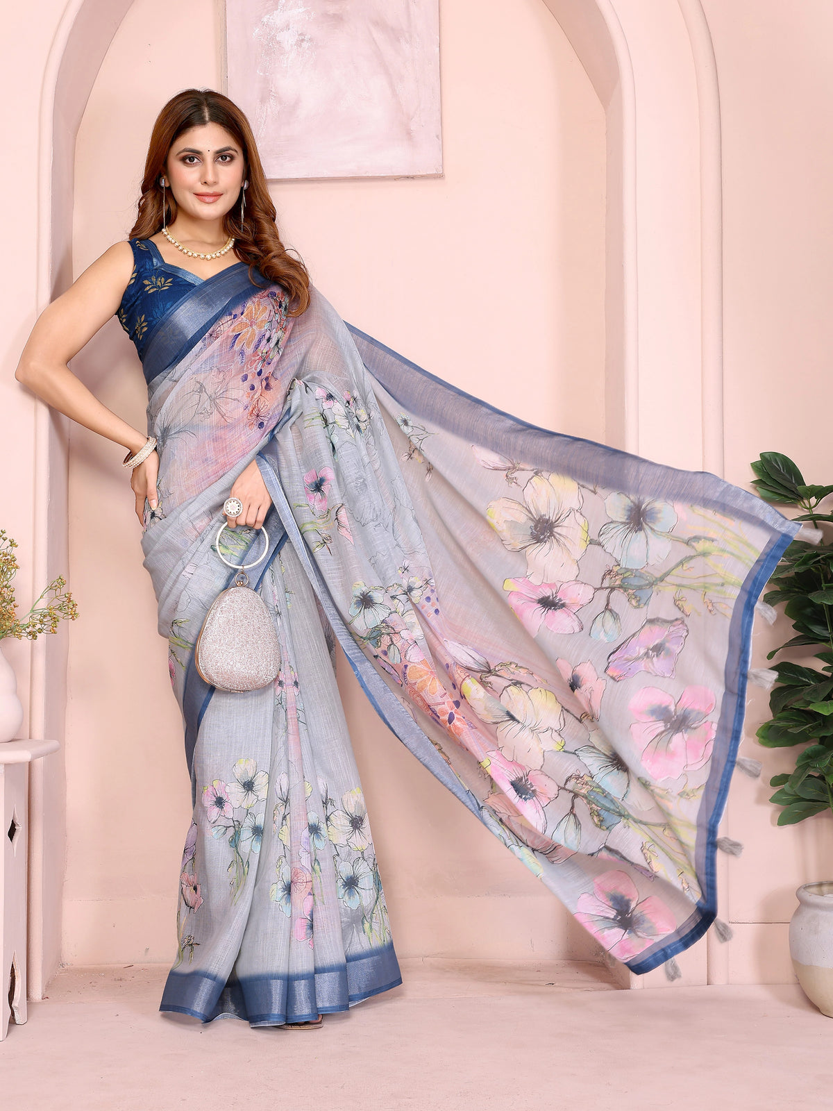 Light Gray Digital Floral Print Saree on model – soft pink and lavender poppy print on grey linen cotton, open pallu