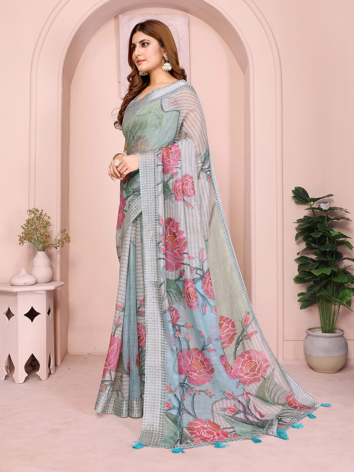 Light Gray Digital Floral Print Saree side drape – pink rose pallu with grey checkered self border and teal tassels