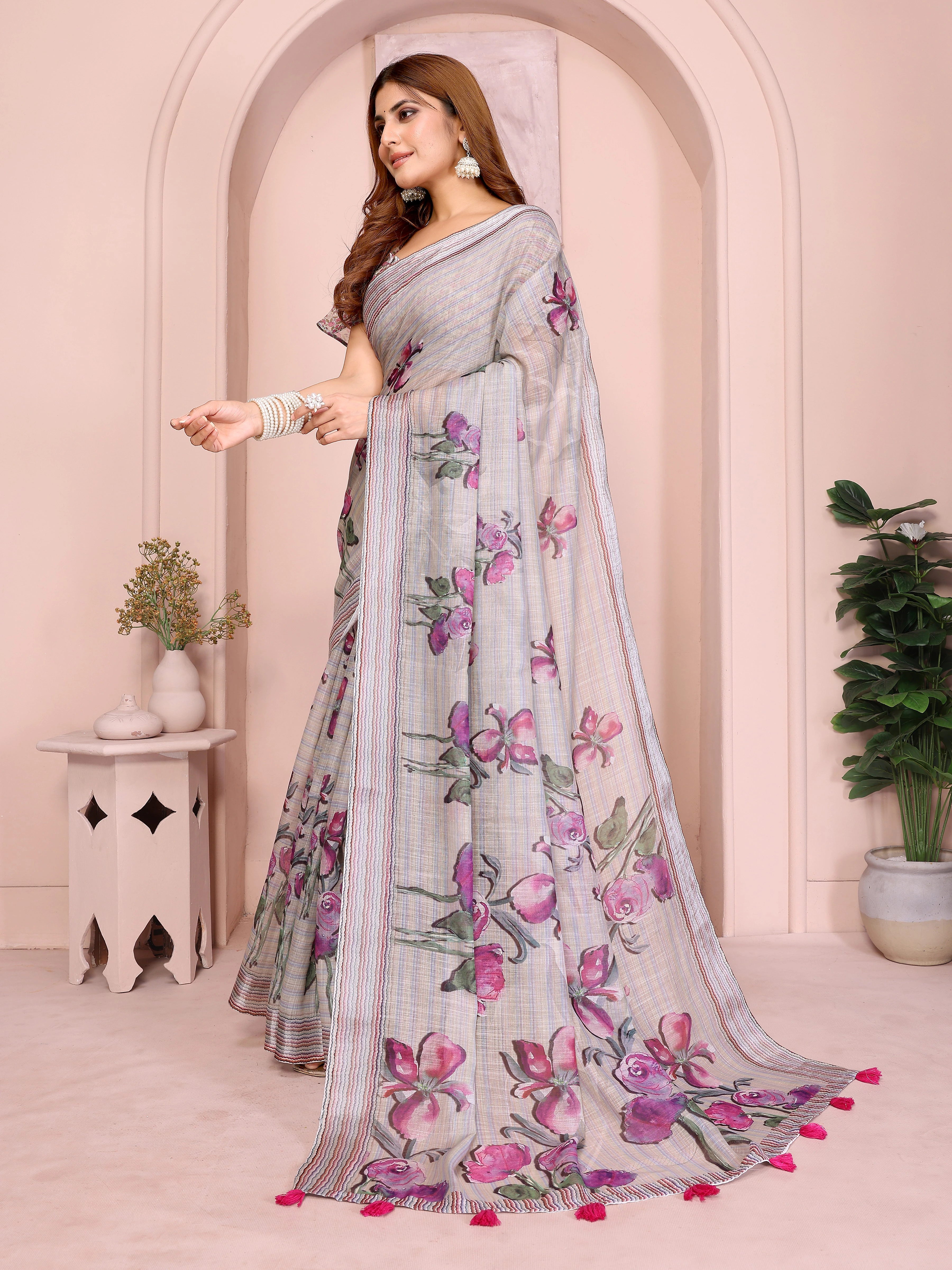 Light Gray Digital Floral Print Saree side drape – watercolor floral pallu with stripe self border and hot pink tassels