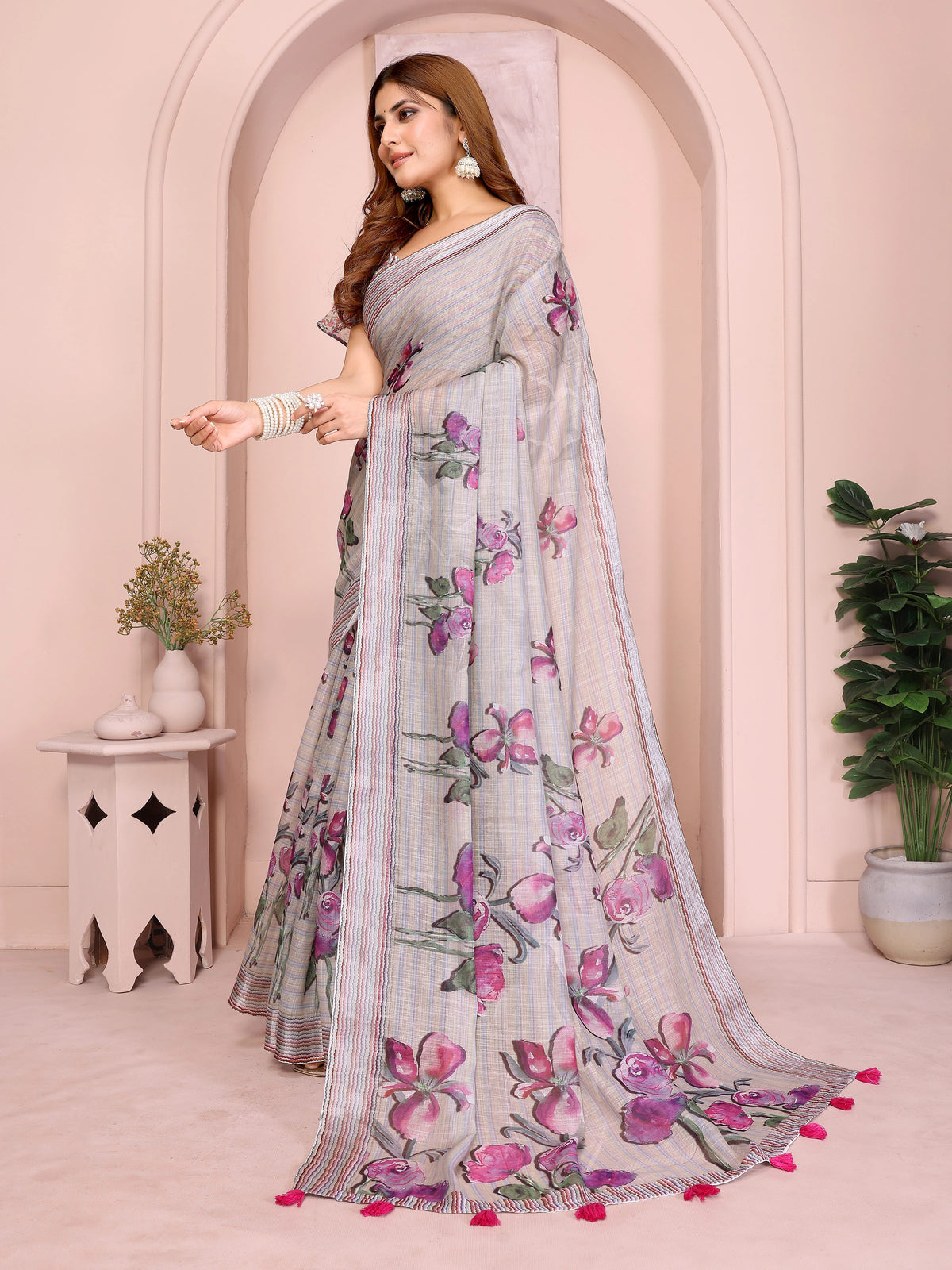 Light Gray Digital Floral Print Saree side drape – watercolor floral pallu with stripe self border and hot pink tassels