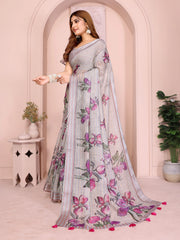 Light Gray Digital Floral Print Saree side drape – watercolor floral pallu with stripe self border and hot pink tassels