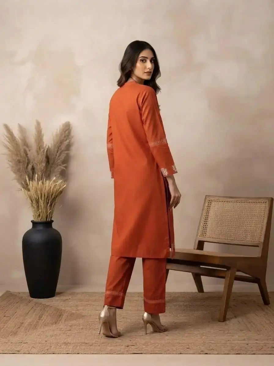 Light Orange Embroidered Kurti – back view showing covered back and straight silhouette