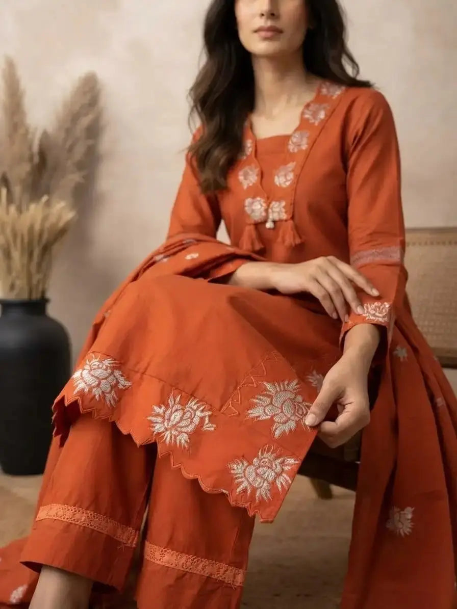 Embroidered hem and scalloped border detail of Light Orange Cotton Kurti Set