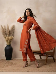 Light Orange Kurti Set with embroidered hem and dupatta – full length model view