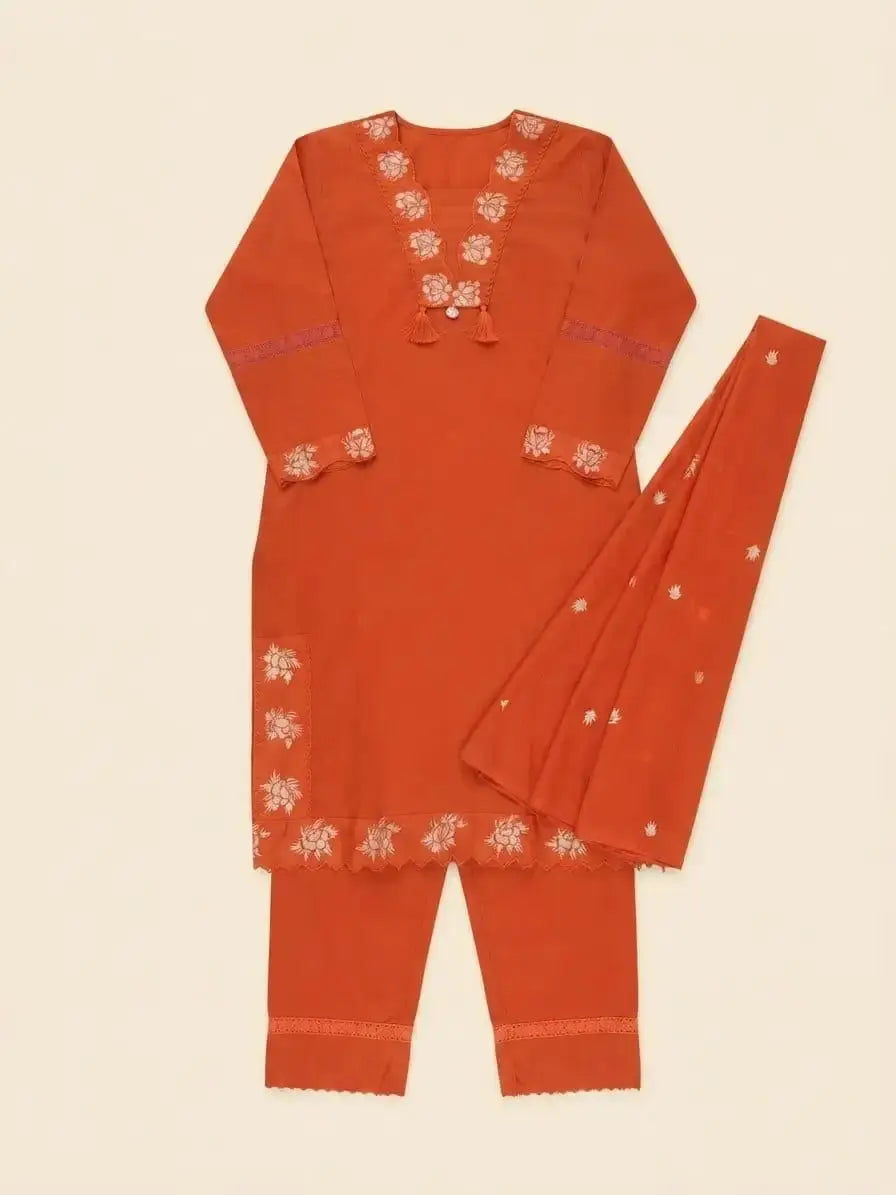 Light Orange Embroidered Kurti Set – complete flat lay with kurti, straight pant and dupatta