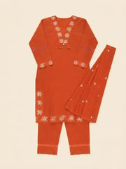 Light Orange Embroidered Kurti Set – complete flat lay with kurti, straight pant and dupatta