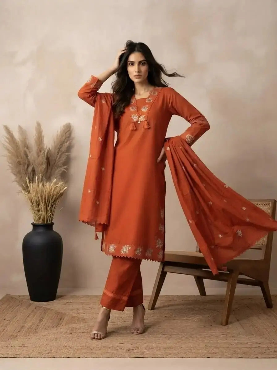 Light Orange Embroidered Kurti with floral threadwork and dupatta – front model view