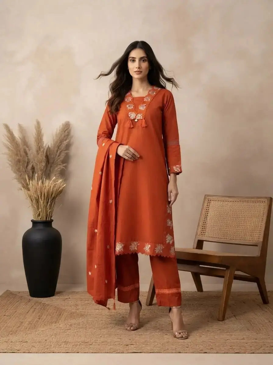 Light Orange Cotton Kurti Set – V-neck with tassel and 3/4 sleeves, standing front view