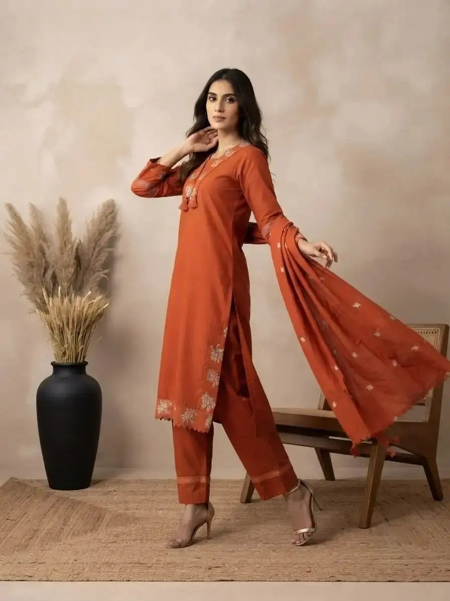 Light Orange Embroidered Kurti with flowing dupatta – side model view