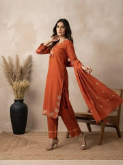 Light Orange Embroidered Kurti with flowing dupatta – side model view