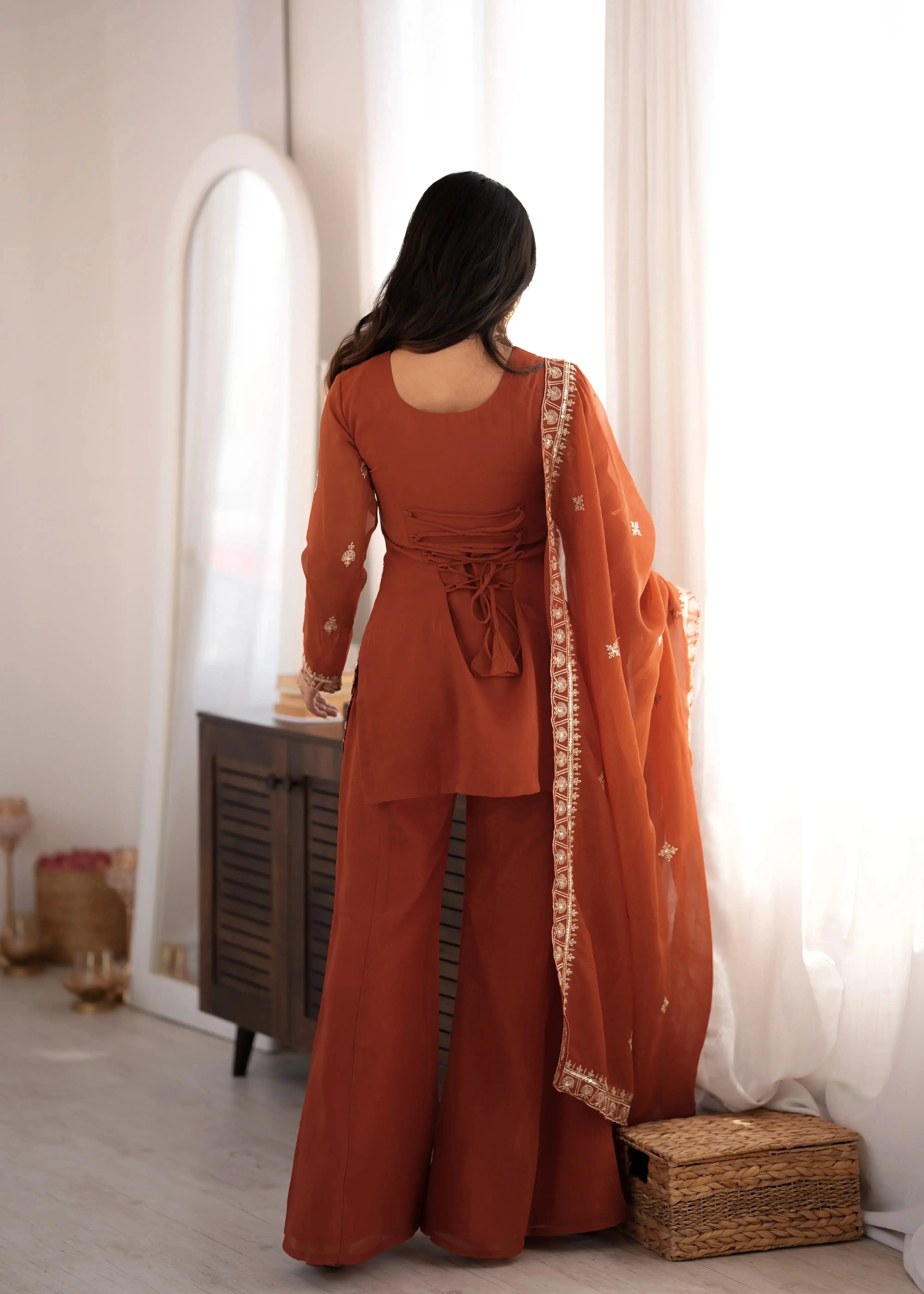 Light Orange Sequins Embroidered Suit – Back View with Open Dori Tie-Up
